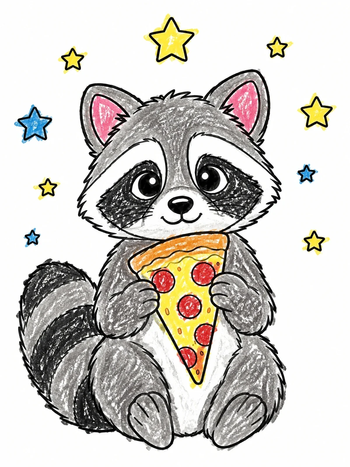 Colored example of the Cute Raccoon Eating Pizza Under Stars coloring page