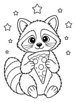 A cute raccoon holding a slice on this pizza coloring page surrounded by little stars.