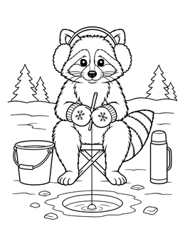 Cute Raccoon Ice Fishing coloring page