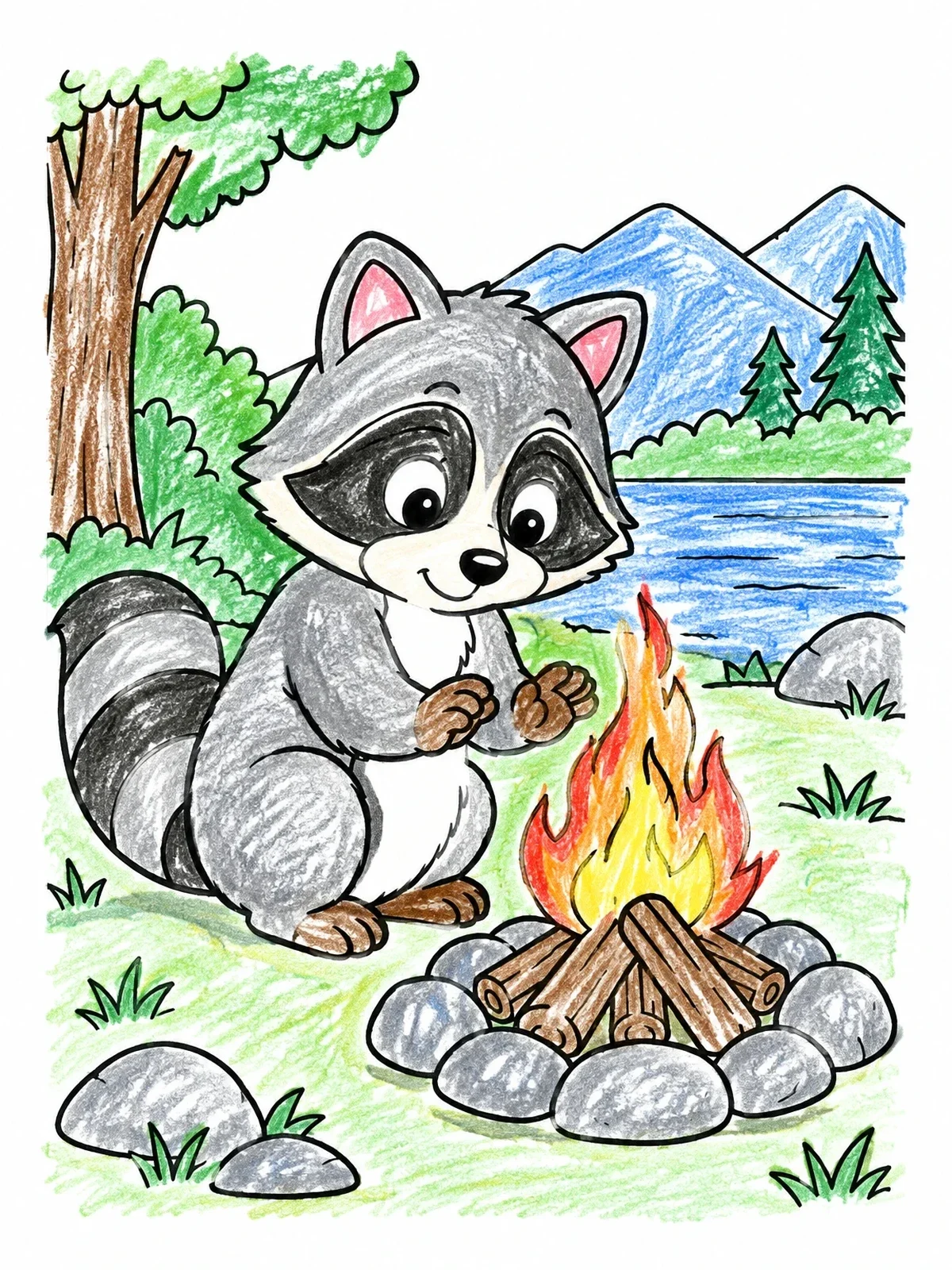 Colored example of the Cute Raccoon By The Campfire coloring page