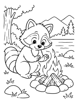 Free printable Cute Raccoon By The Campfire coloring page