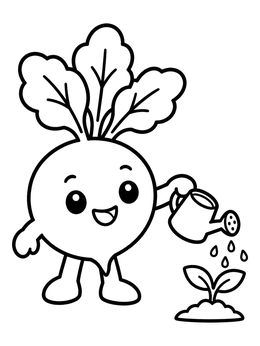 Free printable Cute Radish Watering Little Sprout coloring page