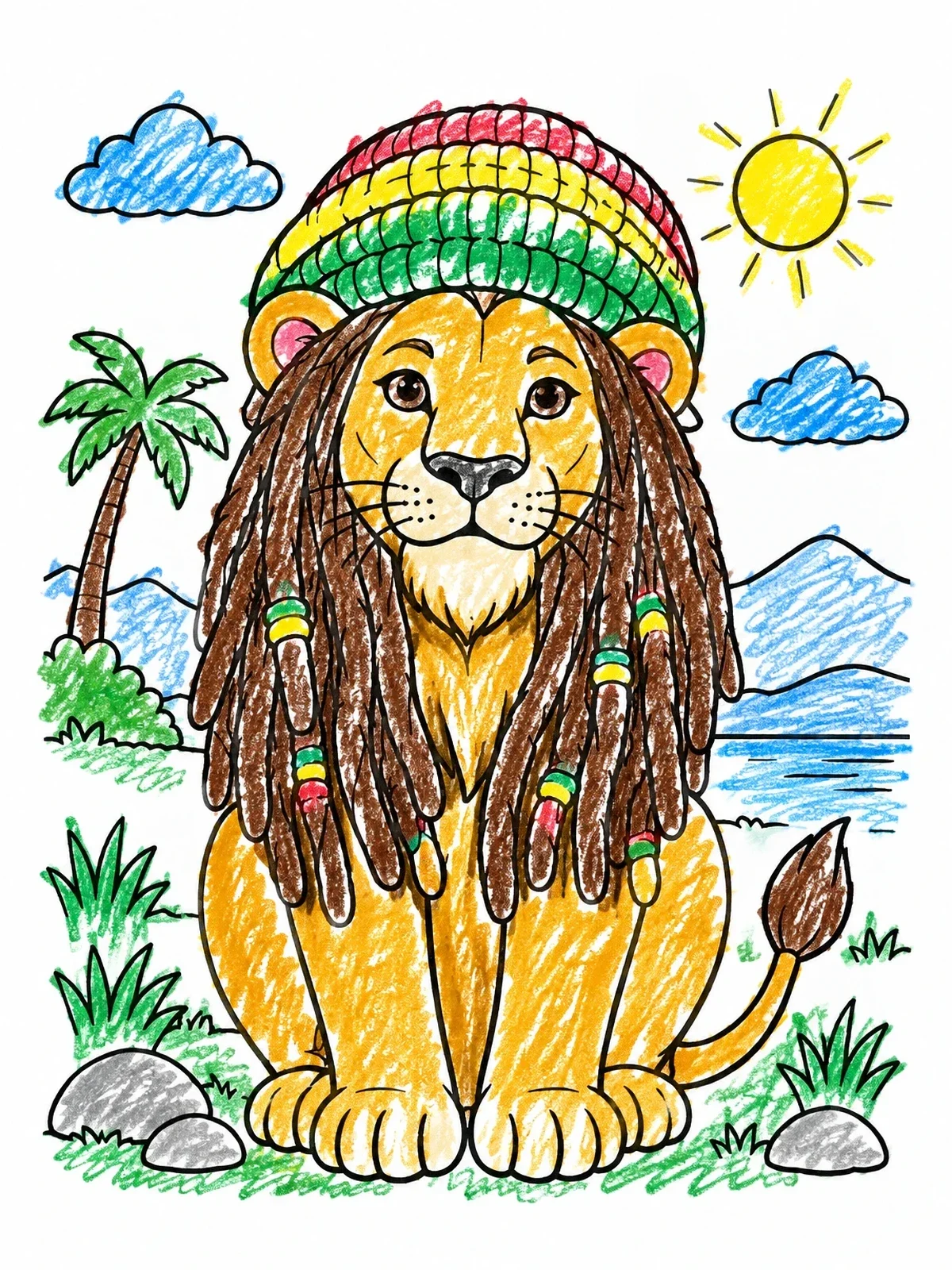 Colored example of the Cute Rasta Lion With Dreadlocks coloring page