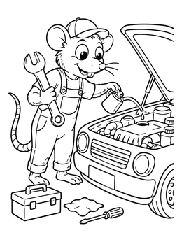 A friendly rat coloring page showing a mechanic pouring oil into an engine bay.