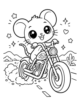 A cheerful cartoon rat riding a motorcycle through the desert in this rat coloring page.