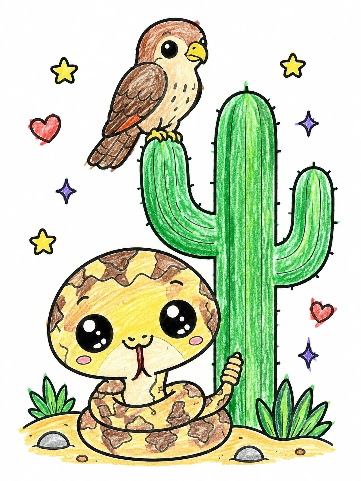 Colored example of the Cute Rattlesnake And Desert Hawk coloring page