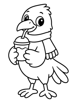 A raven coloring page showing a friendly bird in a scarf sipping a drink through a straw.