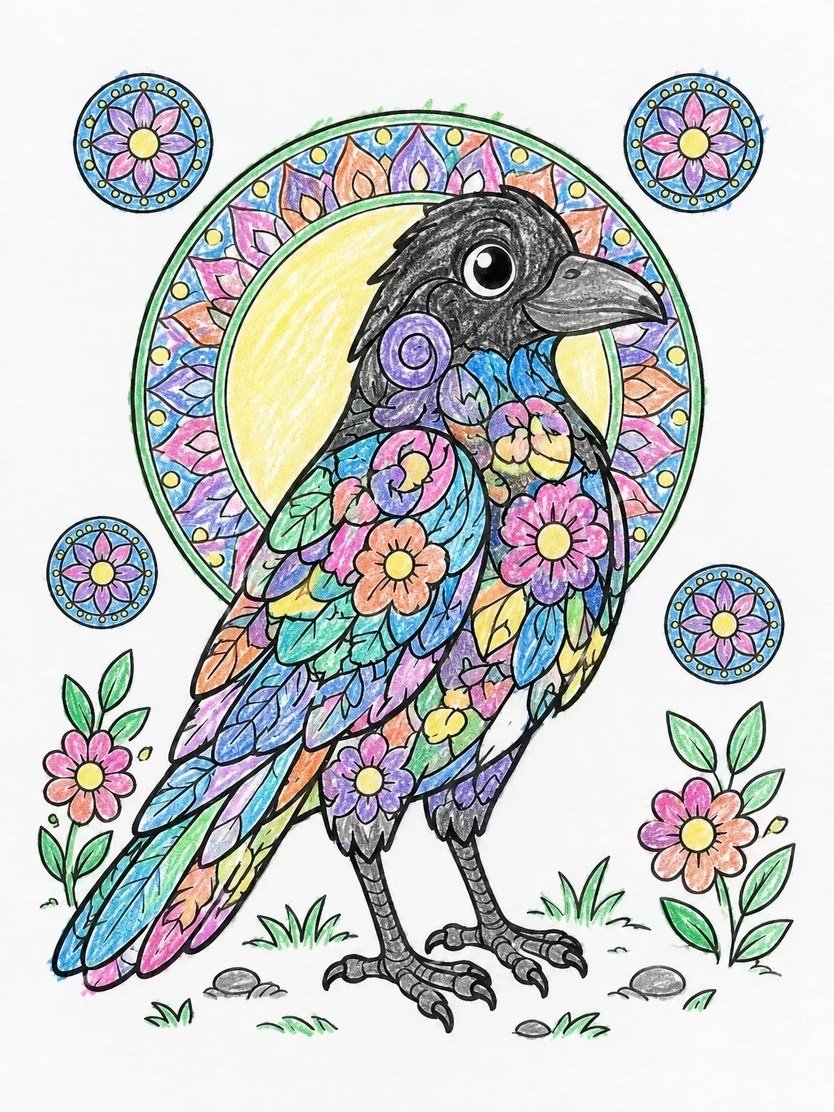Colored example of the Cute Raven With Floral Patterns coloring page