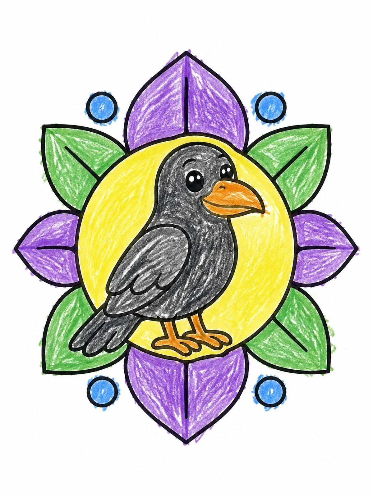 Colored example of the Cute Raven In Flower Mandala coloring page