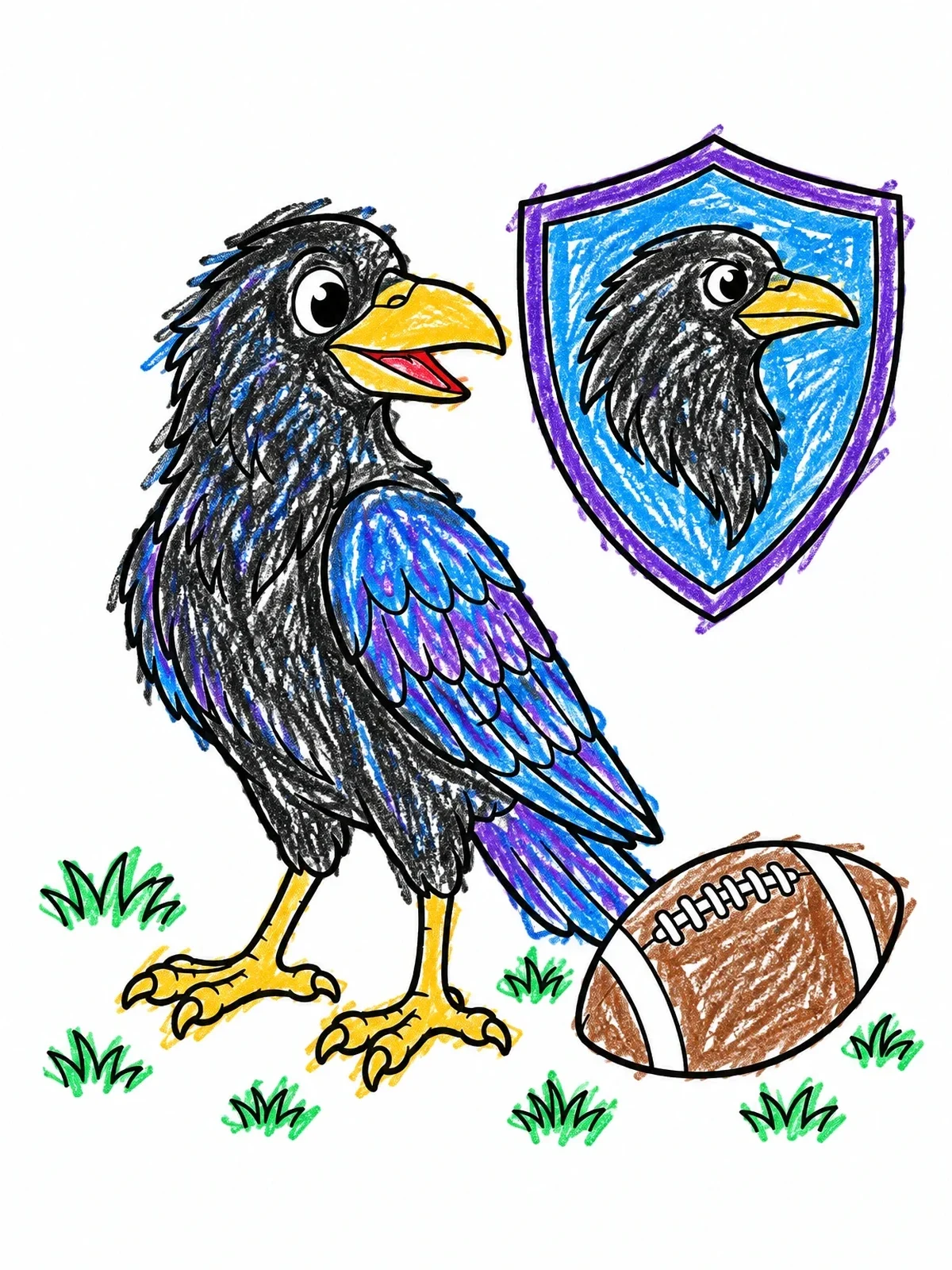 Colored example of the Cute Raven With Football And Crest coloring page
