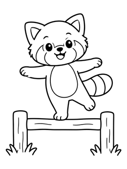 A cheerful red panda coloring page showing a cub balancing on a wooden rail.