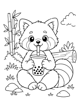A cute red panda coloring page showing the animal sitting outdoors and sipping delicious boba tea.
