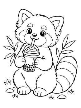 Cute red panda coloring page showing the animal sipping bubble tea with a straw.