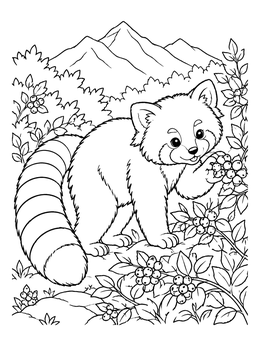 Free printable Cute Red Panda Picking Berries coloring page