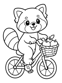 A cheerful red panda coloring page showing the animal riding a small bicycle with an apple basket.