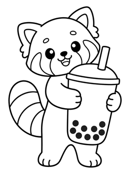 A happy red panda coloring page holding a big cup of bubble tea.