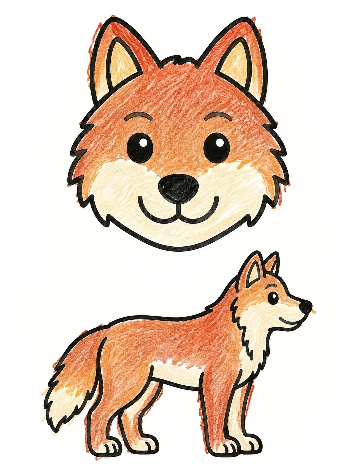 Colored example of the Cute Wolf Face And Standing Wolf coloring page