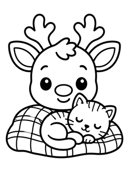 A sweet reindeer coloring page showing a baby deer cuddling with a sleeping kitten on a cozy blanket.