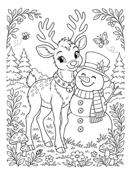 A reindeer coloring page featuring a cute deer standing beside a smiling snowman wearing a hat.