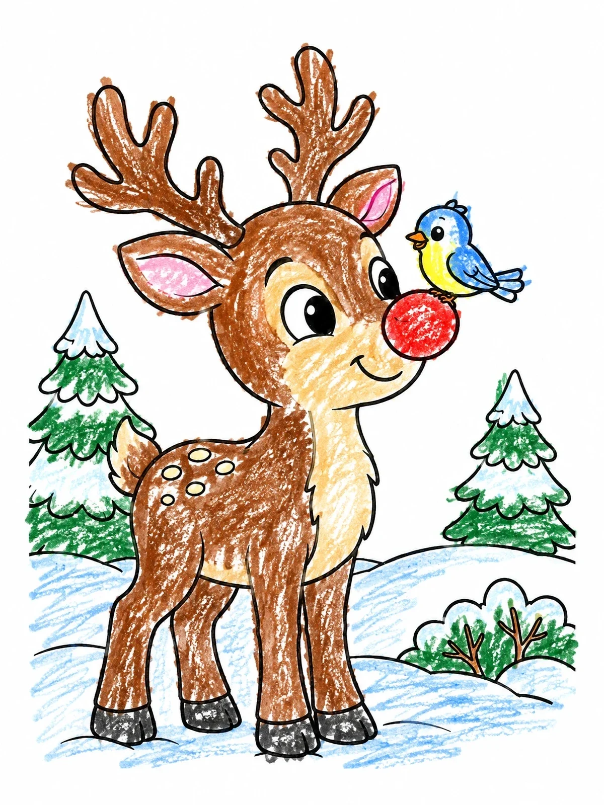 Colored example of the Cute Reindeer With Bird On Nose coloring page