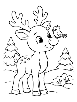 A sweet reindeer smiles as a little bird rests on its nose coloring page in a winter forest.