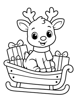 A cheerful baby reindeer coloring page sitting in a sleigh with Christmas gifts.