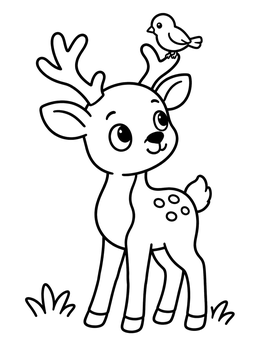 A sweet reindeer coloring page with a little bird sitting on its antlers.