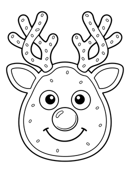 A cheerful reindeer christmas cookie coloring page with pretzel antlers.