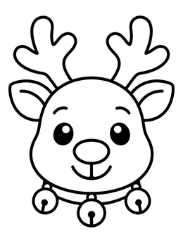 A sweet reindeer coloring page featuring a smiling reindeer face with a jingle bell collar.