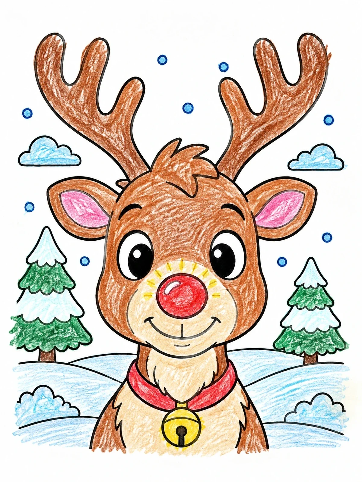 Colored example of the Cute Reindeer With Glowing Round Nose coloring page