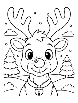 A smiling reindeer shines brightly in this cute reindeer nose coloring page outdoors.