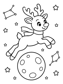 A cute reindeer coloring page showing a reindeer leaping over the full moon surrounded by stars.