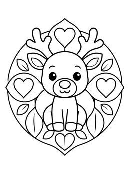 A sweet reindeer coloring page with heart and leaf mandala patterns.