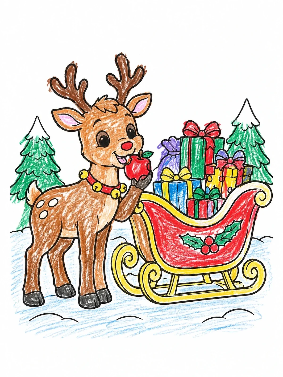 Colored example of the Reindeer Snack Beside Santa's Sleigh coloring page