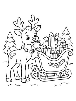 Cute reindeer eating an apple beside presents in this santa and his sleigh coloring page.