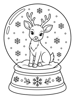 A reindeer coloring page featuring an adorable fawn sitting inside a winter snow globe.