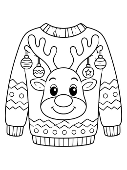 An ugly sweater coloring page featuring a smiling reindeer face with ornaments on its antlers.