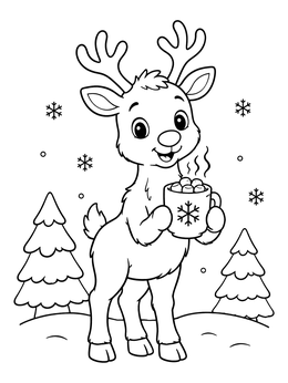 A cute reindeer coloring page featuring a fawn holding a mug of hot cocoa in the snow.
