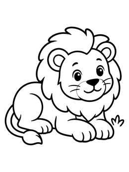 A cheerful lion coloring page featuring a cute lion cub resting happily on the ground.