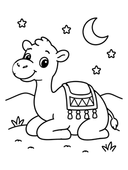 A cute cartoon camel rests under stars in this nativity coloring page.