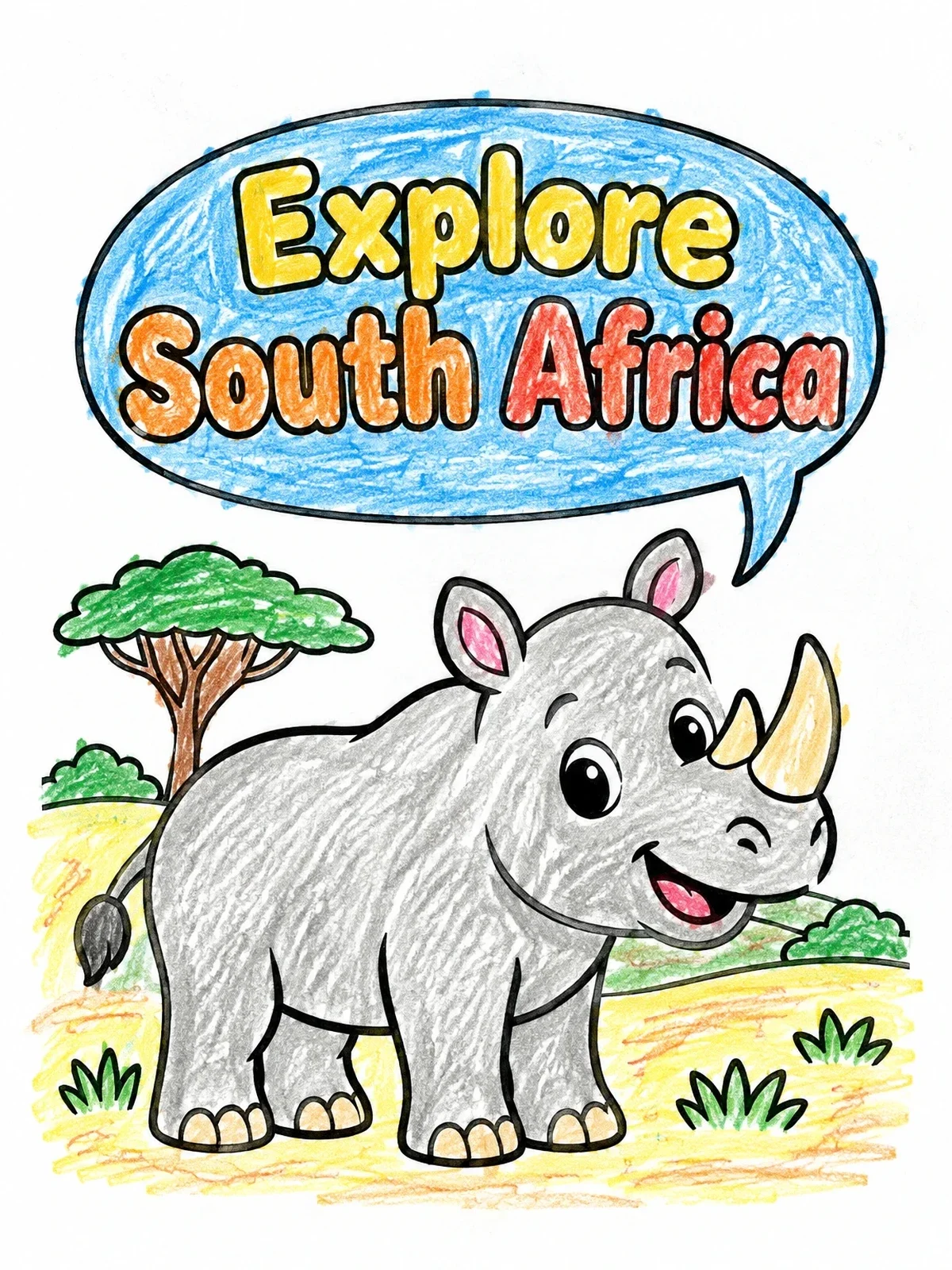 Colored example of the Cute Rhino Exploring South Africa coloring page