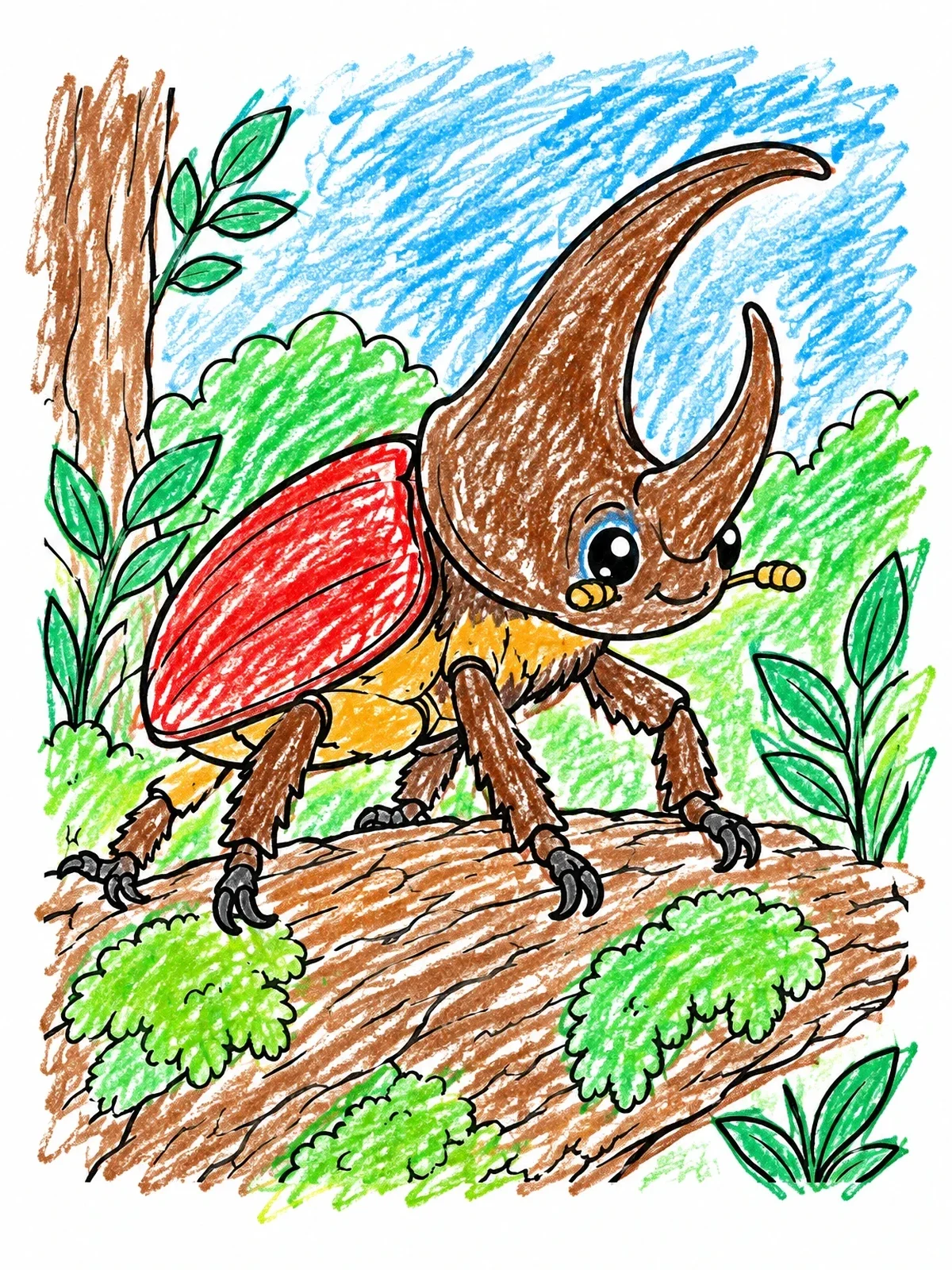Colored example of the Cute Rhinoceros Beetle On Log coloring page