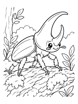 Free printable Cute Rhinoceros Beetle On Log coloring page