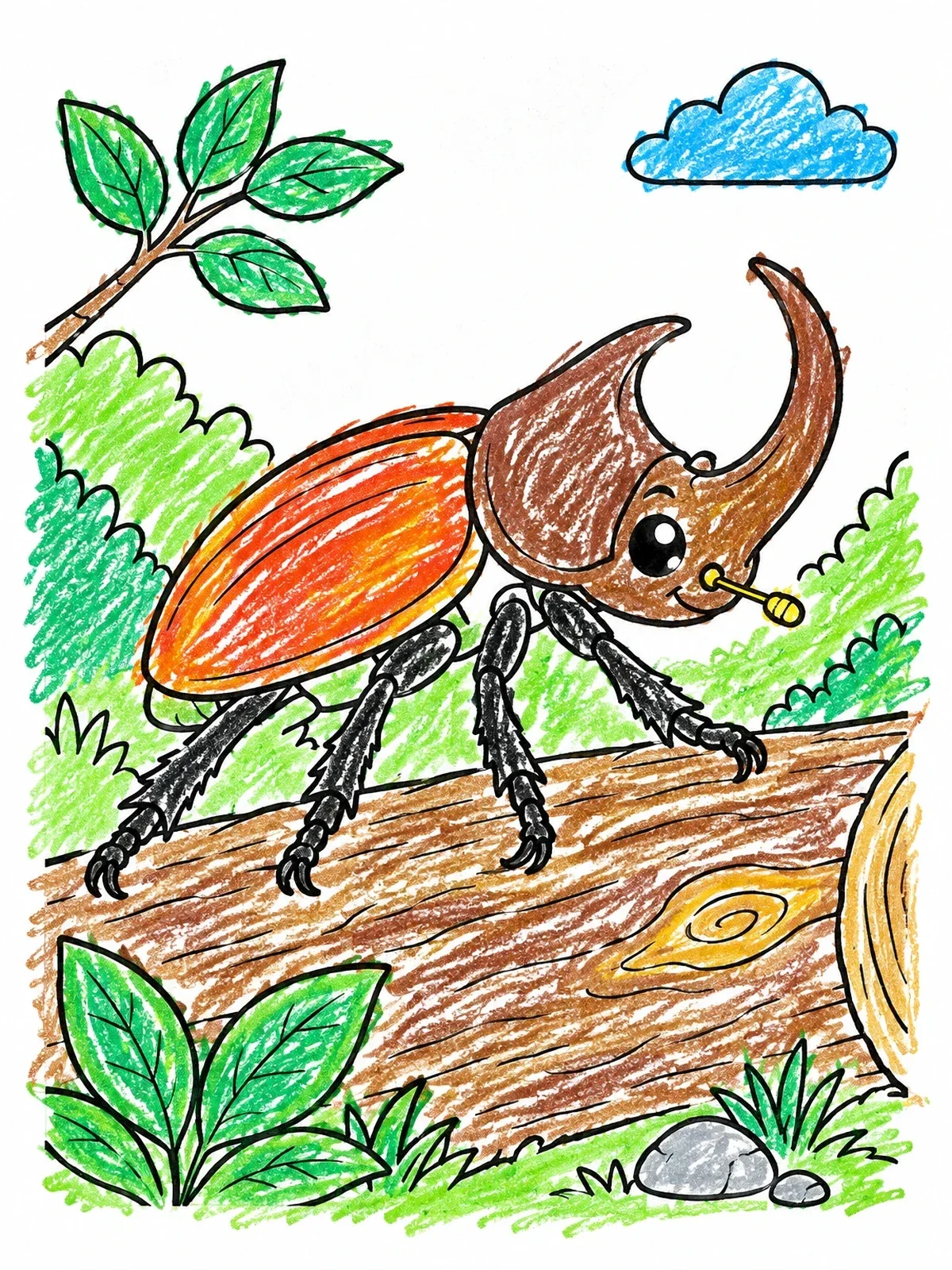 Colored example of the Cute Rhinoceros Beetle On A Log coloring page