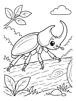Free printable Cute Rhinoceros Beetle On A Log coloring page