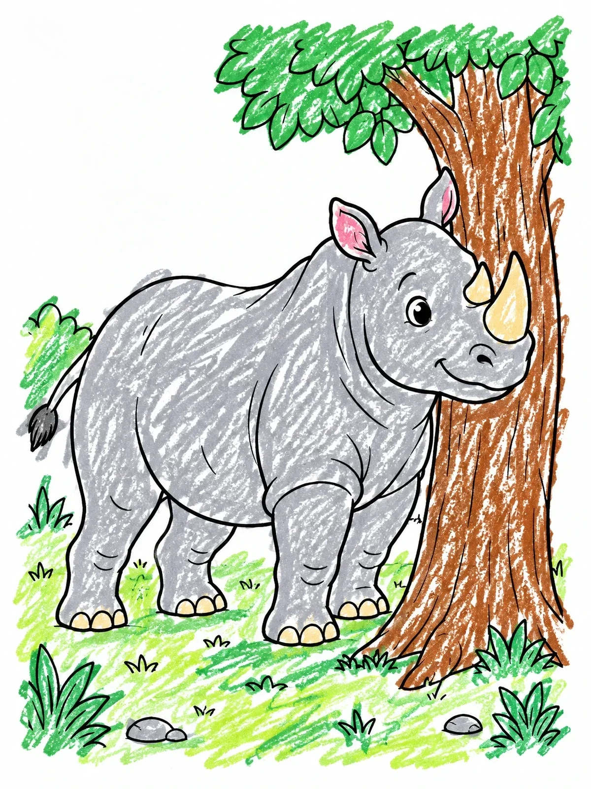 Colored example of the Cute Rhinoceros Beside A Tree coloring page