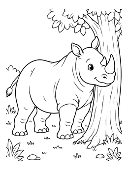 Free printable Cute Rhinoceros Beside A Tree coloring page