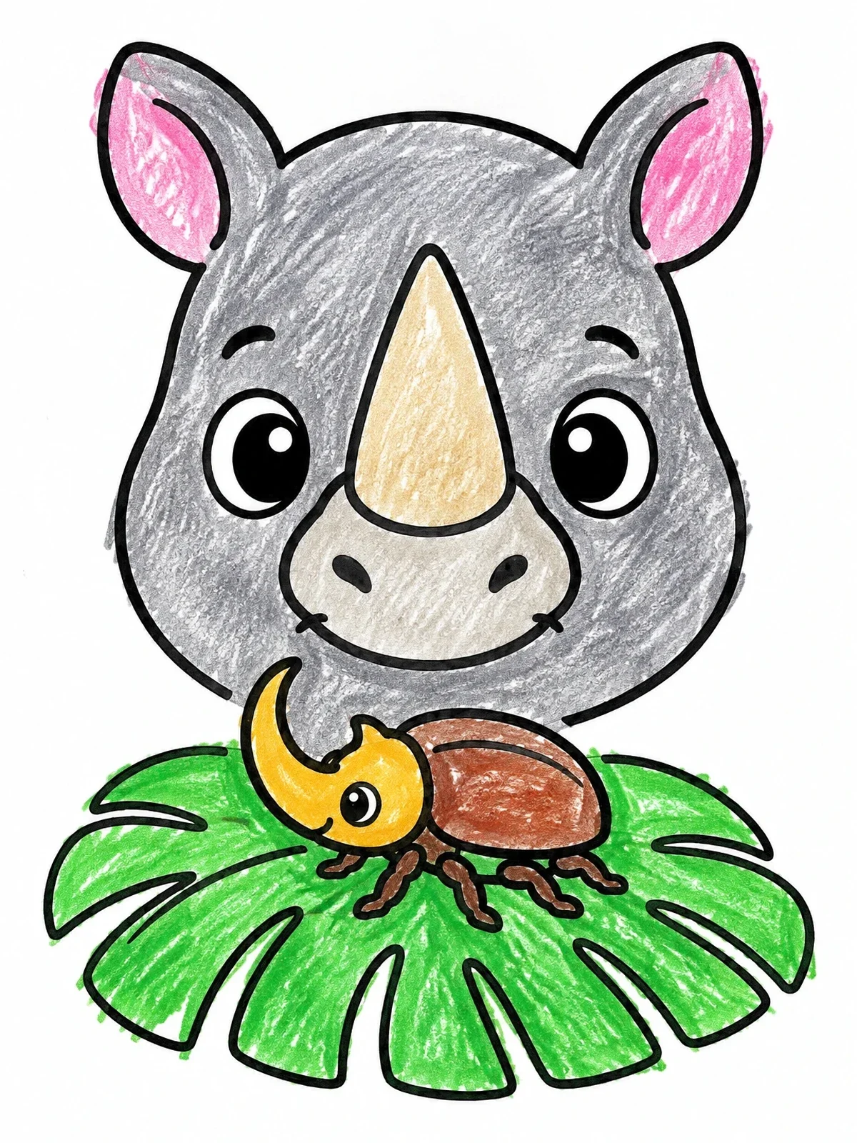 Colored example of the Cute Rhinoceros And Beetle Friend coloring page