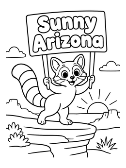 A cheerful ringtail holding a sign on this arizona coloring page.