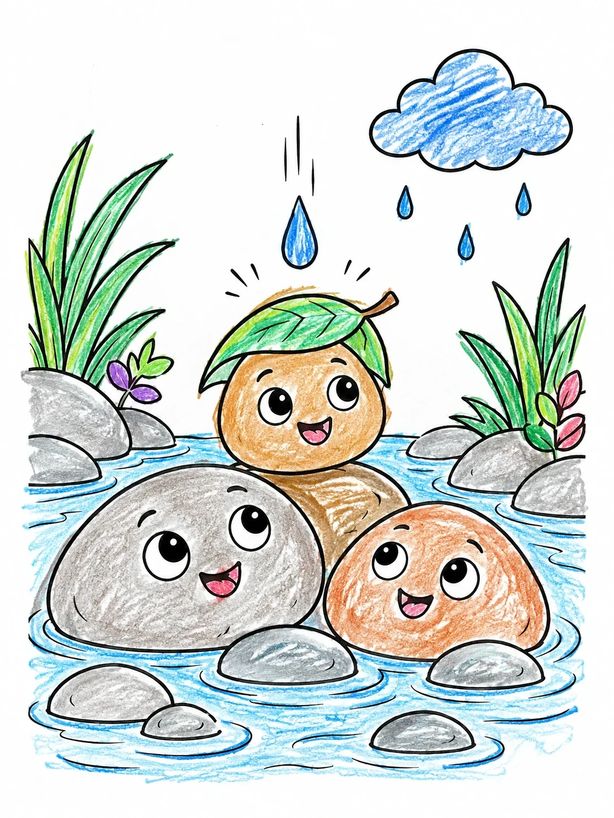 Colored example of the Cute River Pebbles In Rain coloring page